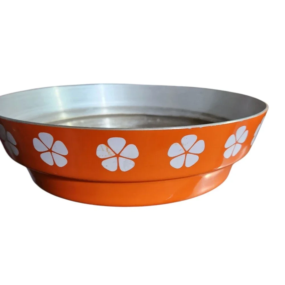 Vintage Enamel Pan and Lid Orange w/ White Flowers Wood Handles Made in Japan